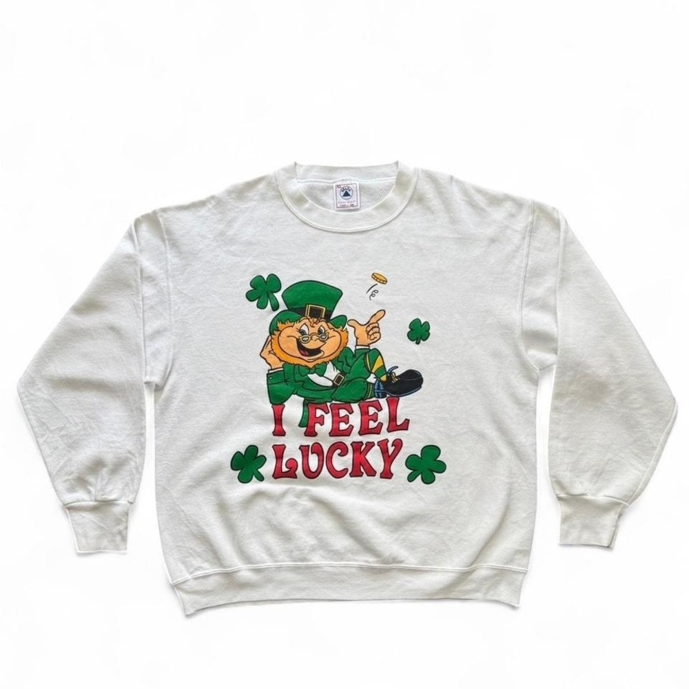 Vintage 1990s I Feel Lucky Irish Leprechaun Clover Crewneck Sweatshirt XL